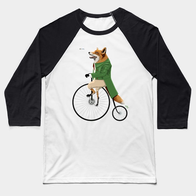 Fox riding bike in chase of dragonfly Baseball T-Shirt by konnijensen